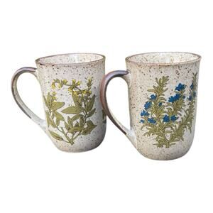 2 VTG Takahashi Tea Coffee‎ Cups Brown Speckled Yellow Blue Floral Stoneware EUC